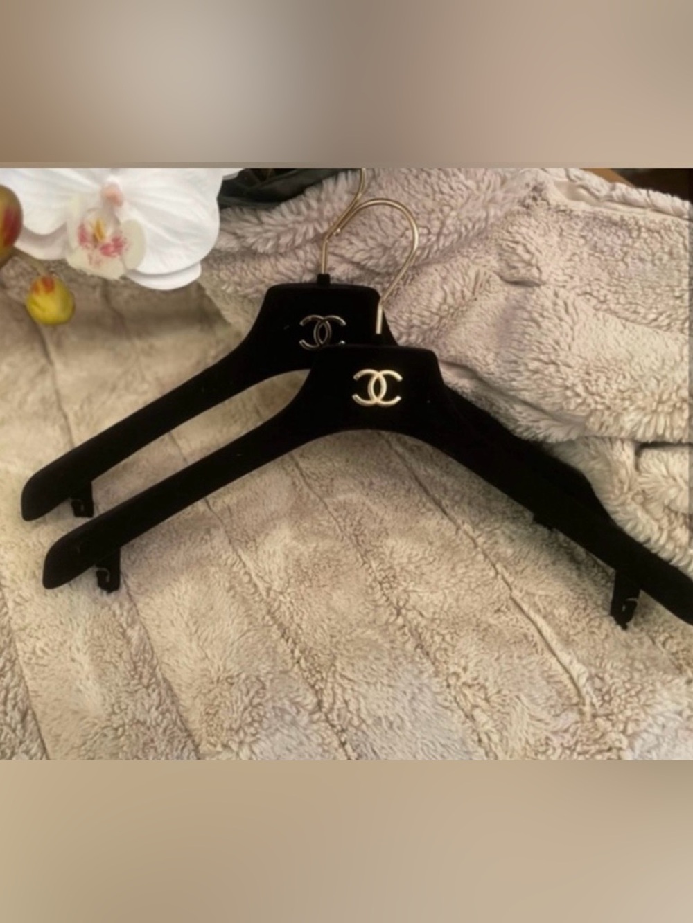 CHANEL Black Velvet Hangers with Gold Double C Logo (Pair)